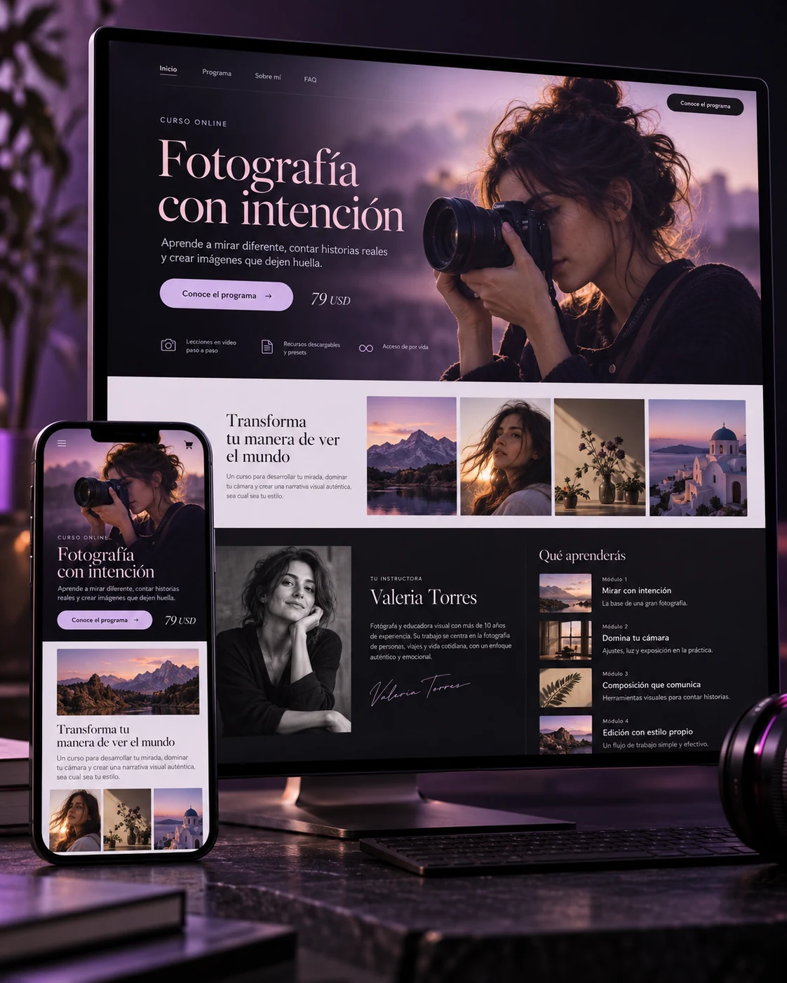 Diseño conceptual de una landing de un curso de fotografía de 79 USD, con imágenes del aprendizaje y presentación en móvil